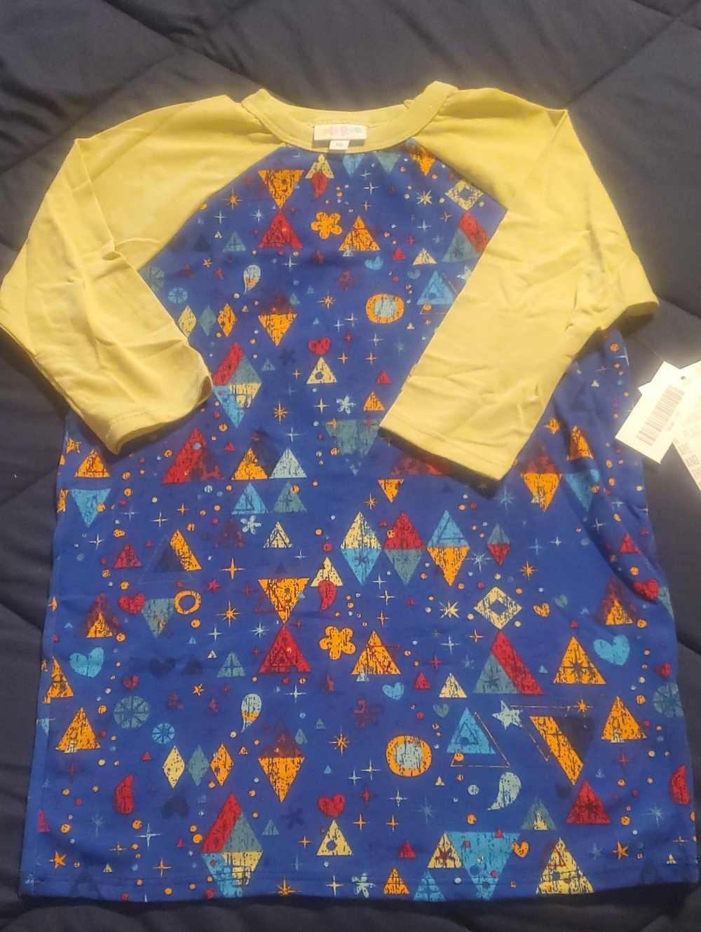 LuLaRoe Kids Long Sleeve Raglan Top in Blue and Yellow